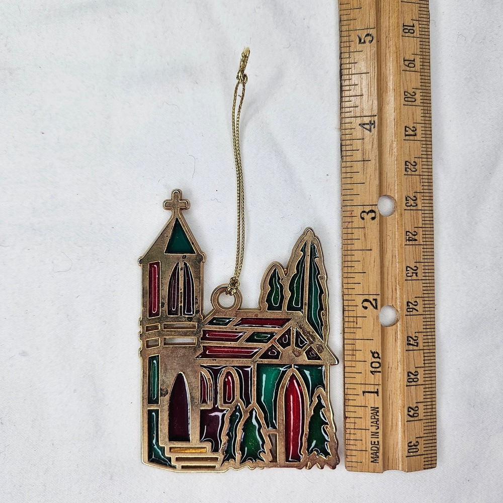Vtg Russ Berrie & Co Brass Stained Glass Church Xmas Ornament Red Green Purple